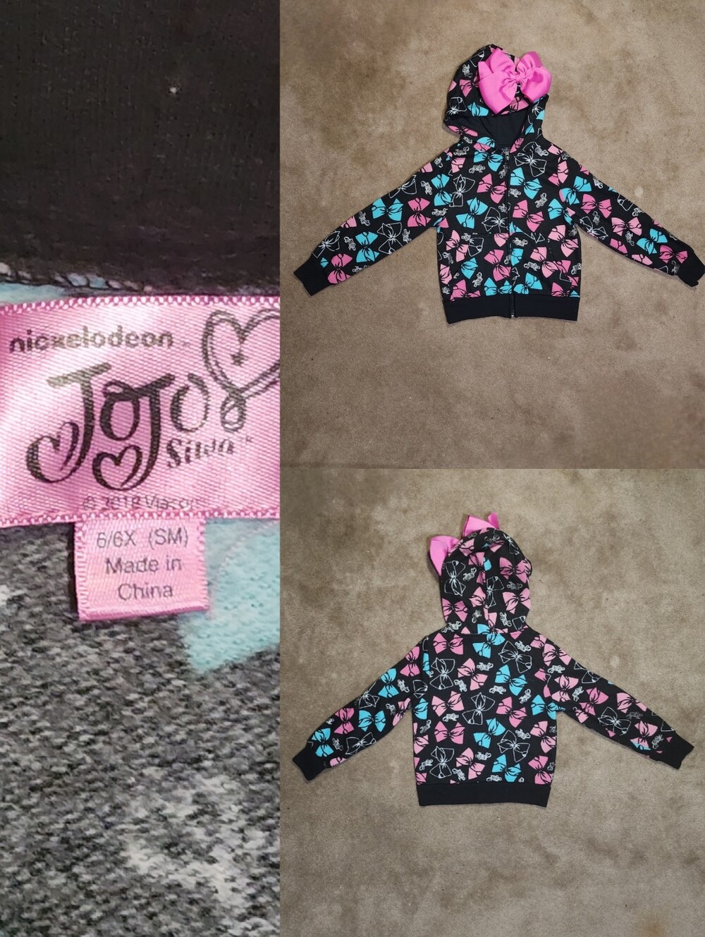 Kids Black JoJo Zip Down Hoodie with Pink Bow Tie Sz 6X